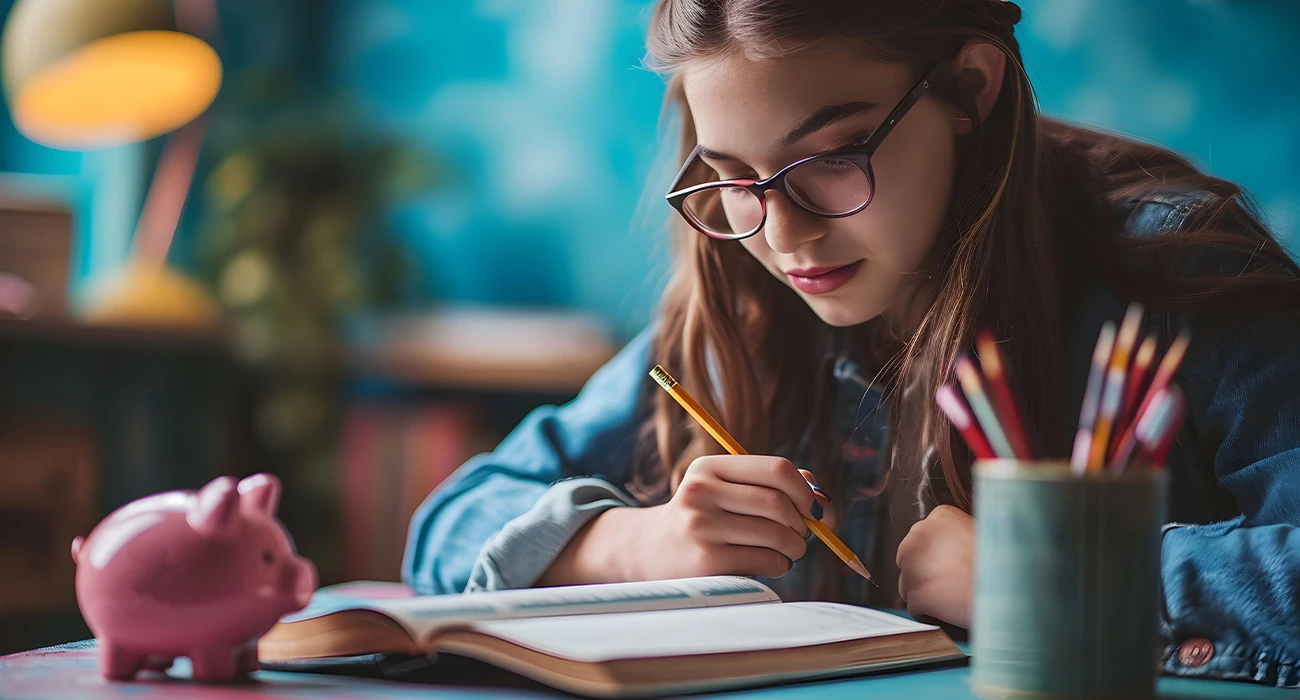 Photo of student reading a piggy bank is near to remind us to save for education.